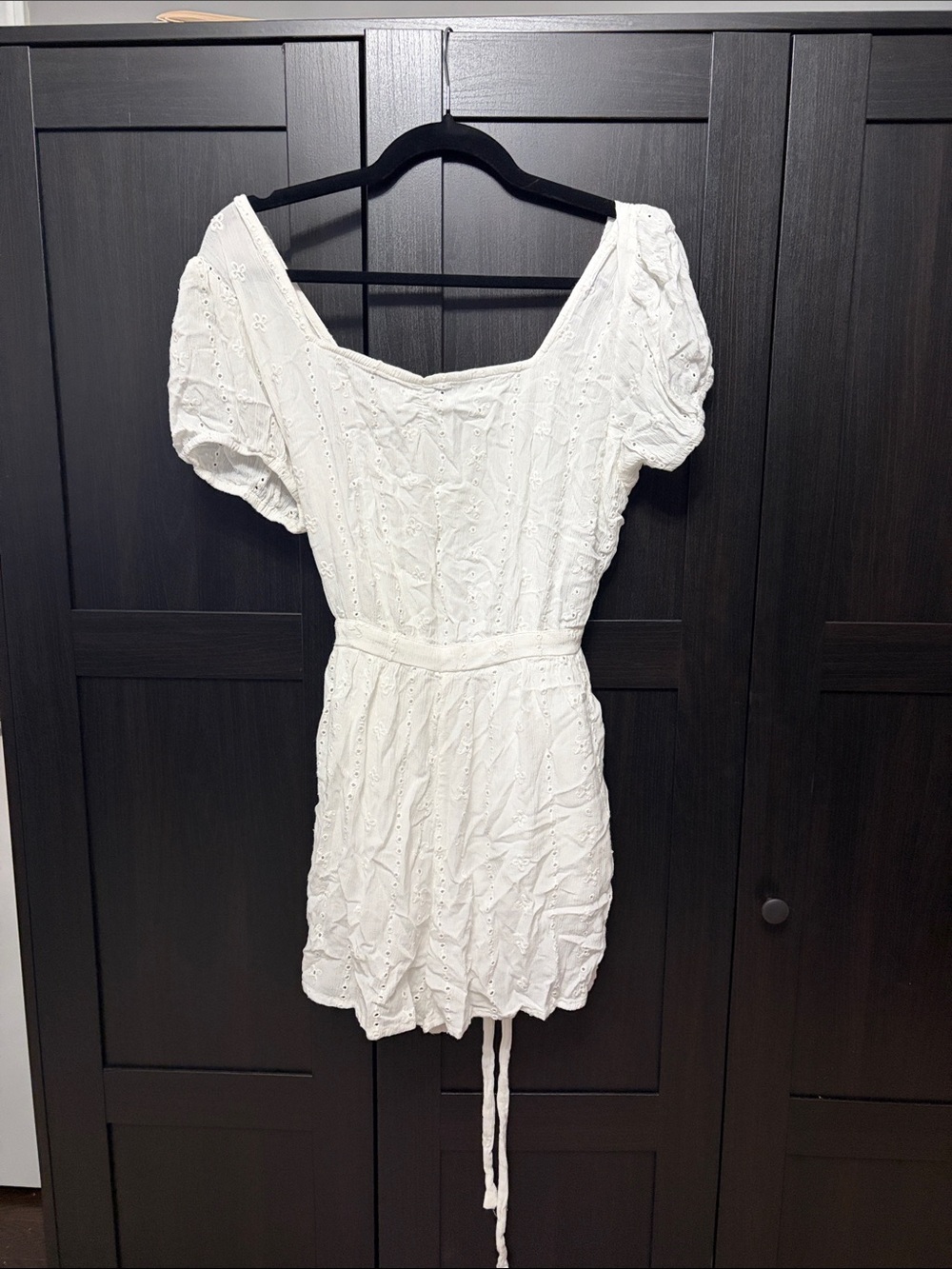 Black Tape_ White Eyelet Mini Dress with Puff Sleeves